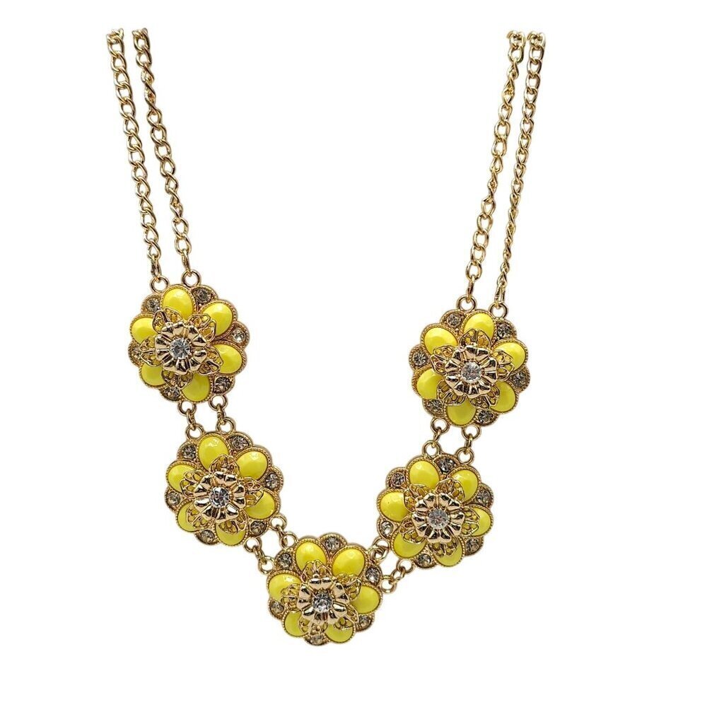 INC Yellow Floral Acrylic Statement Necklace Clear Rhinestones Gold Tone Chain